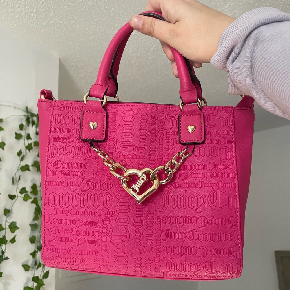 Juicy Couture Pink Hand Bag Crossbody with Gold Heart Hardware Y2K Monogram